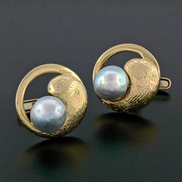 Large Vintage 14K Yellow Gold Round Gray Pearl Open Textured Swirl Cuff Links