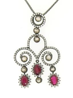 18k Black Gold 4.39 ctw Rose Diamond & Blood Ruby Edwardian Style Necklace Penda