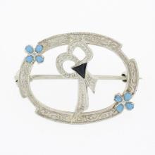 Antique Art Deco 14K White Gold Sapphire Enamel Bow Oval Etched Frame Brooch Pin