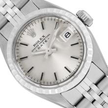 Rolex Ladies Stainless Steel Silver Index Dial Engine Turn Bezel Date Watch With