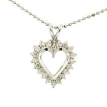 14k White Gold 0.40 ctw Round Brilliant Diamond Open Heart Pendant 16" Bead Chai