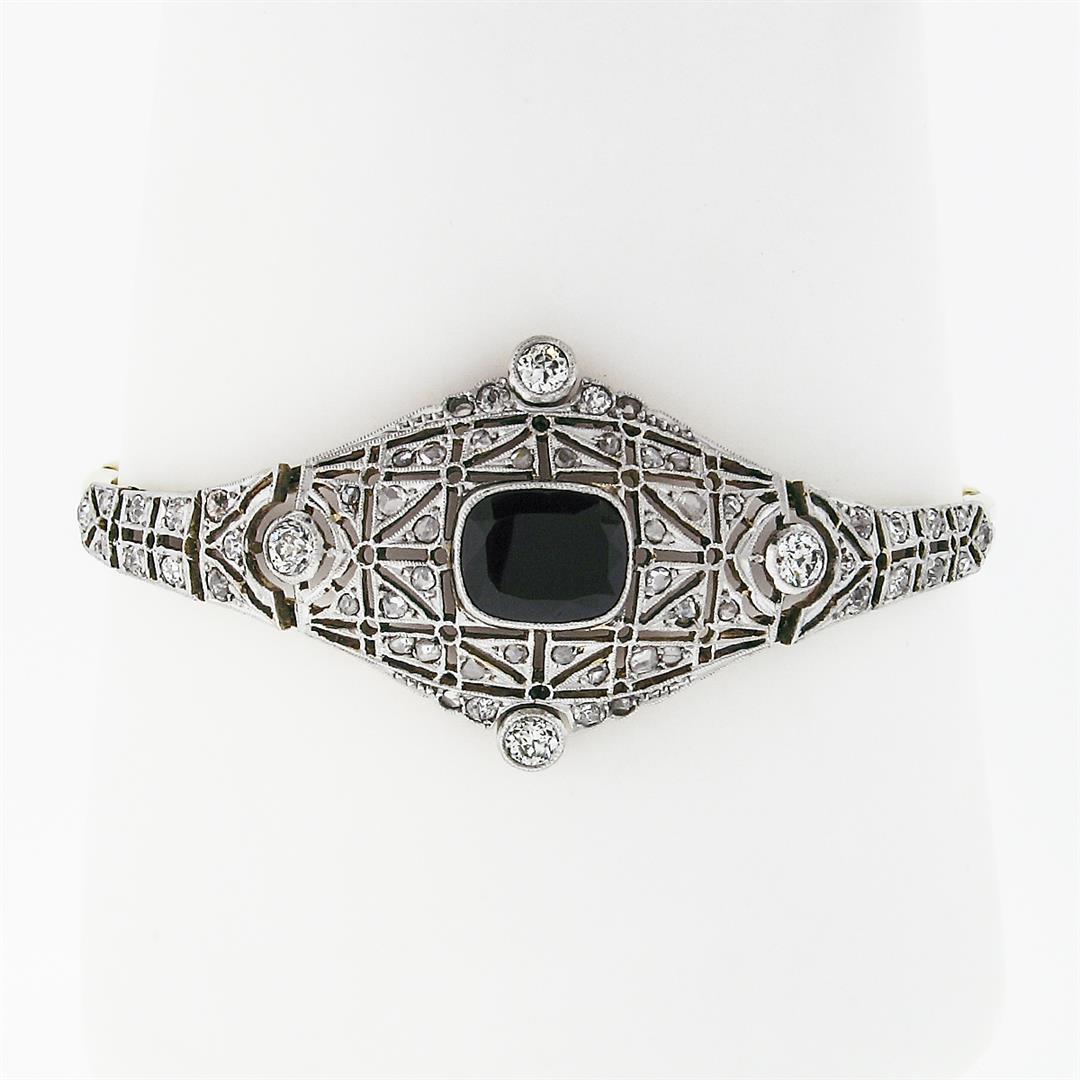 Antique Edwardian 18k Gold Platinum Black Onyx & Rose Cut Diamond Belly Bracelet