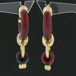 Estate 18k Gold Red Enamel Large Hoop w/ Smaller Round Link Drop Dangle Earrings