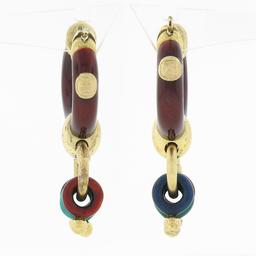 Estate 18k Gold Red Enamel Large Hoop w/ Smaller Round Link Drop Dangle Earrings