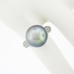 Cartier 18k White Gold 12.75mm Tahitian Gray Pearl .85 ctw Round Pave Diamond Ri