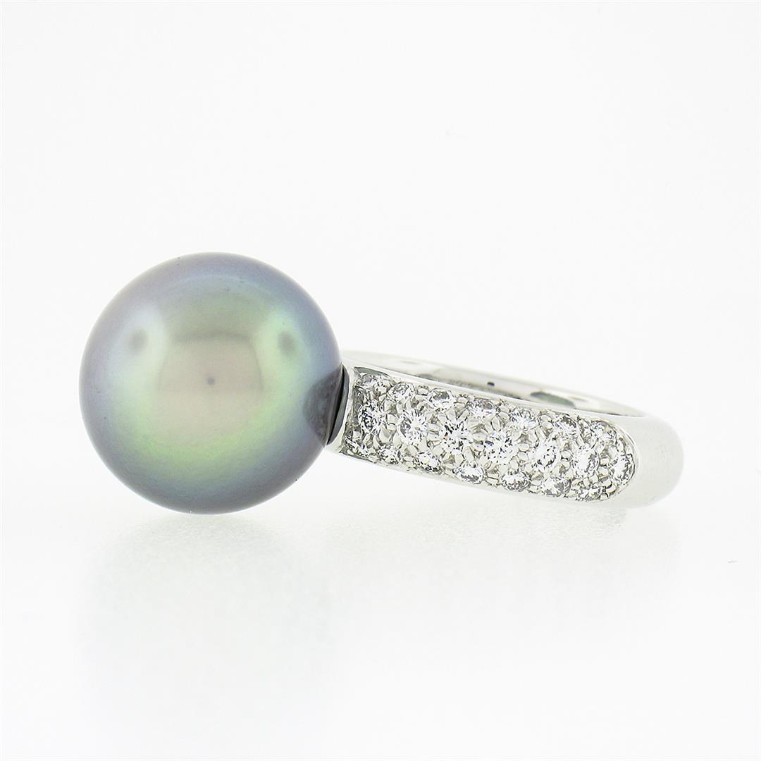 Cartier 18k White Gold 12.75mm Tahitian Gray Pearl .85 ctw Round Pave Diamond Ri