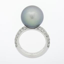 Cartier 18k White Gold 12.75mm Tahitian Gray Pearl .85 ctw Round Pave Diamond Ri