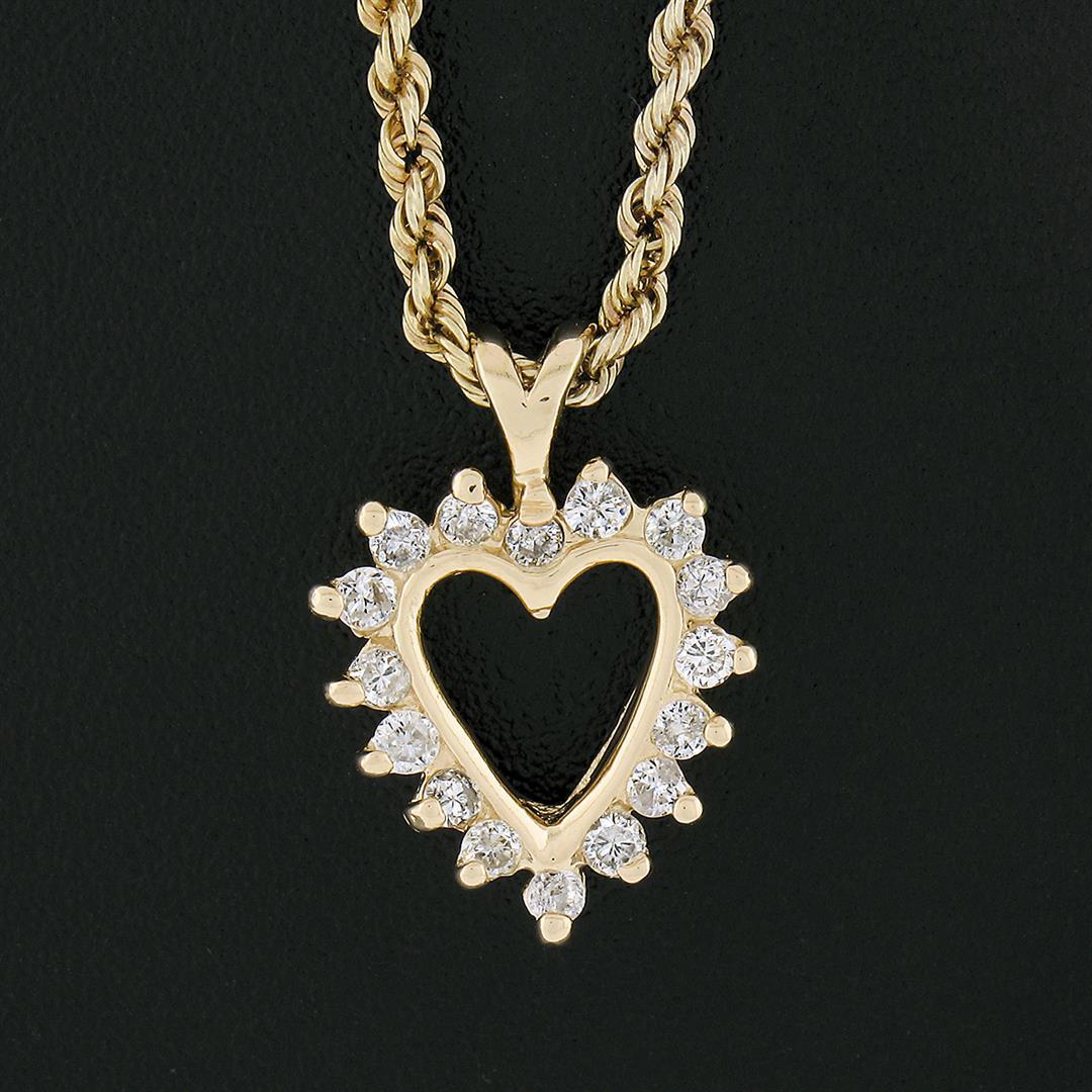 14K Yellow Gold 0.30 ctw Round Diamond Open Heart Pendant w/ Rope Chain Necklace