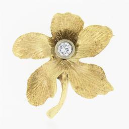 Vintage 14k Gold Bezel Cubic Zirconia Cz Textured Leaf Flower Petite Brooch Pin