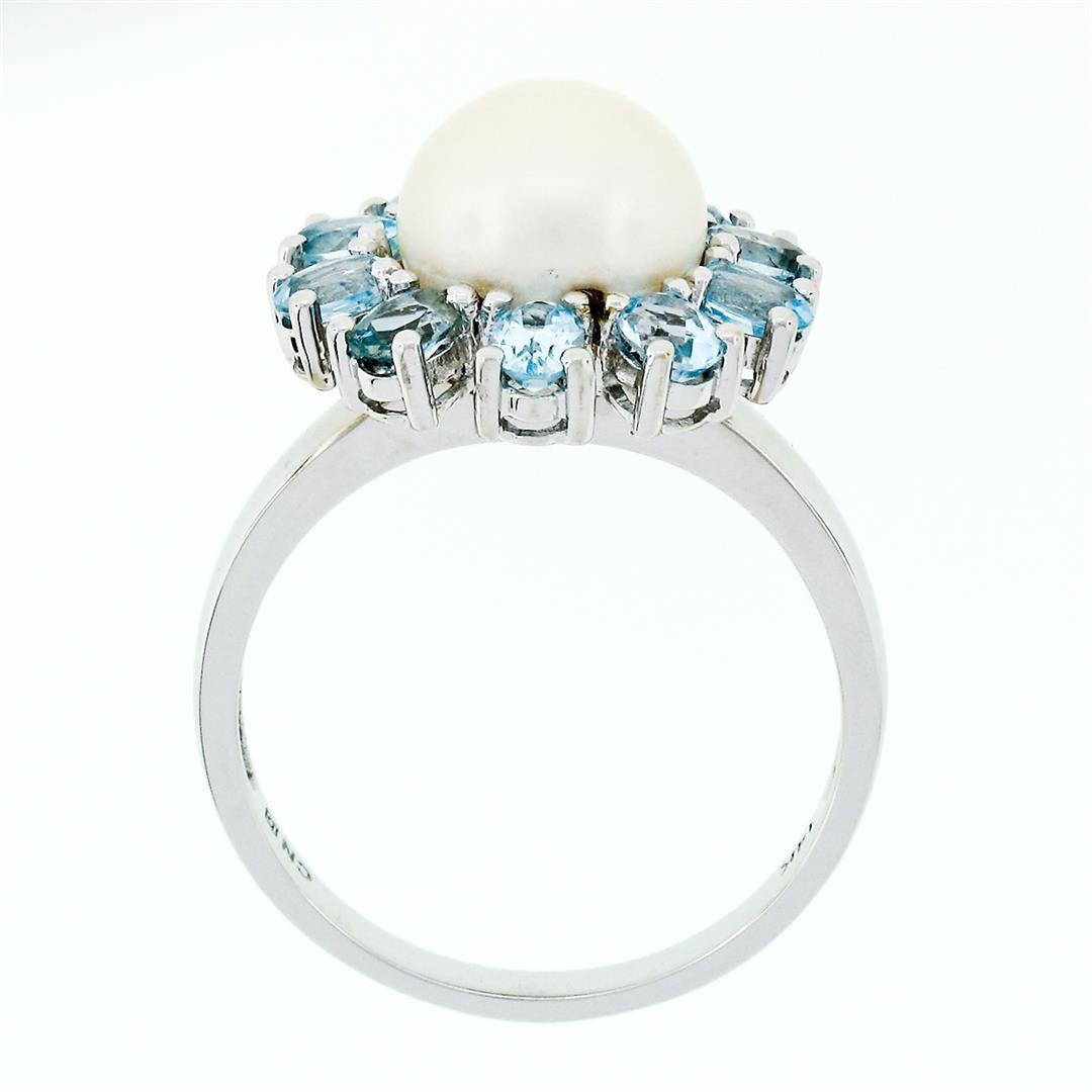 14k White Gold 9.7mm Round White Pearl Ring w/ 2.00 ctw Oval Cut Aquamarine Halo