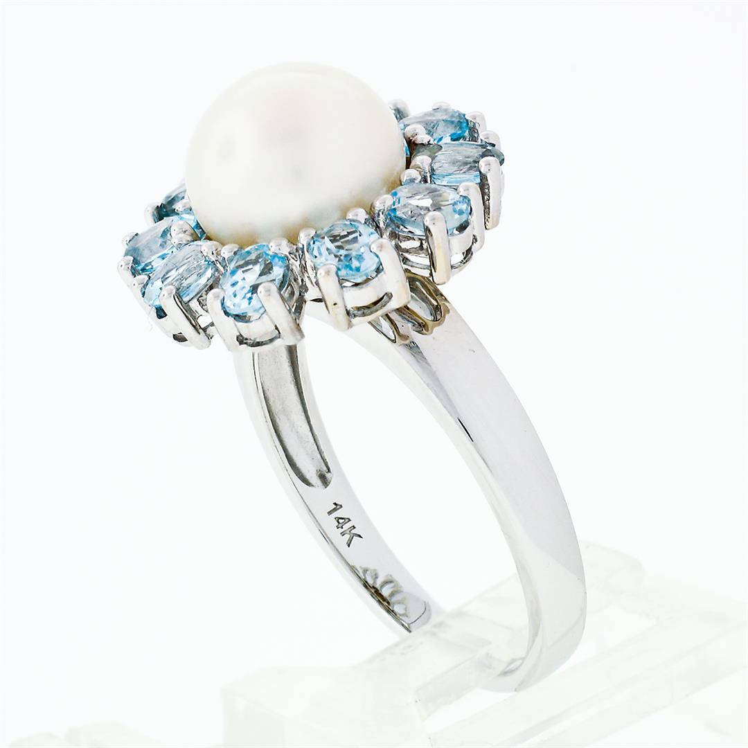 14k White Gold 9.7mm Round White Pearl Ring w/ 2.00 ctw Oval Cut Aquamarine Halo