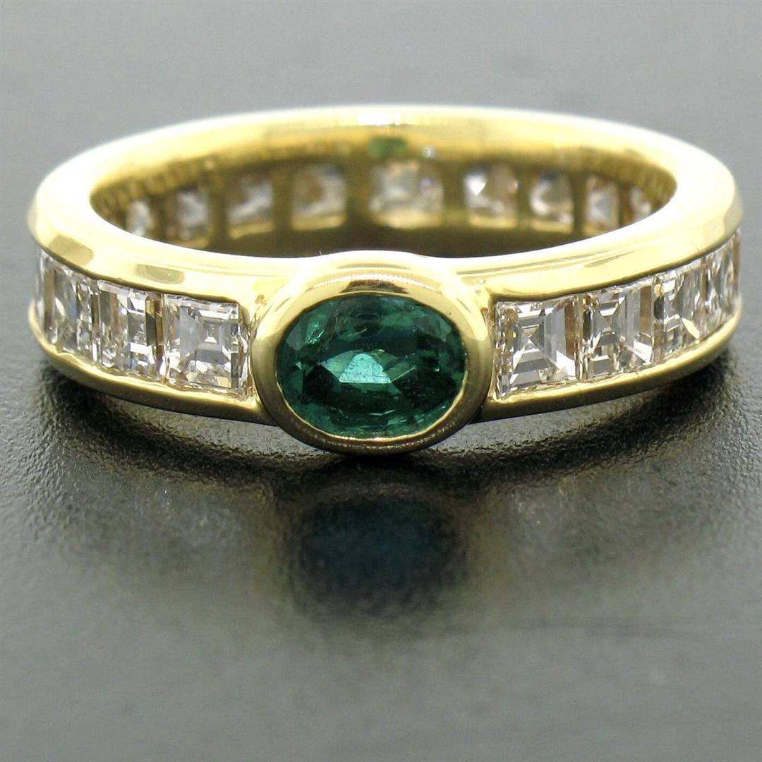 FINE 18K Gold 4.4 ctw Oval Emerald Solitaire & Square Diamond Eternity Band Ring