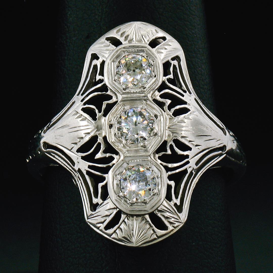 Antique Art Deco 18K White Gold .35 ctw Diamond Domed Etched Filigree Dinner Rin