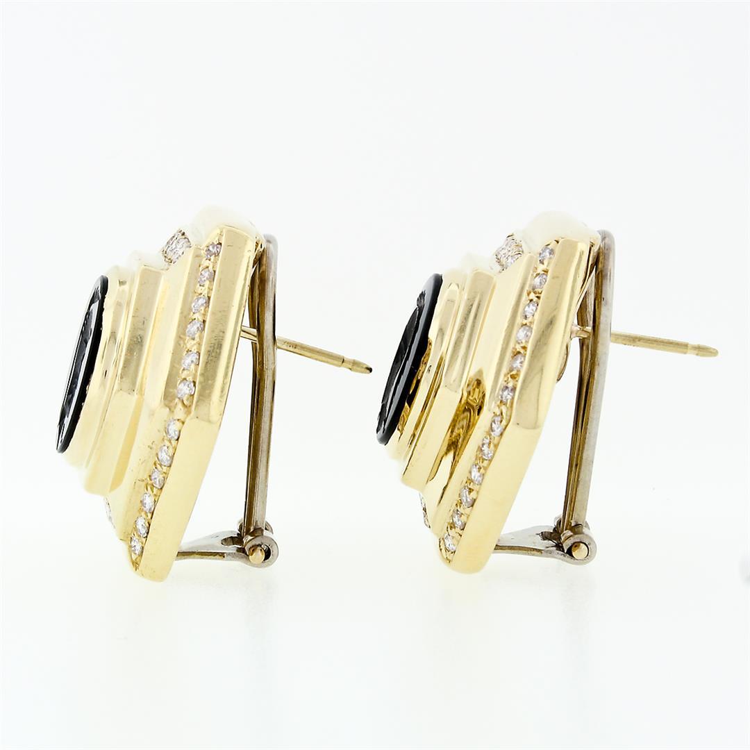 Vintage Large 18k Gold Black Onyx Intaglio .75 ctw Round Diamond Hexagon Earring