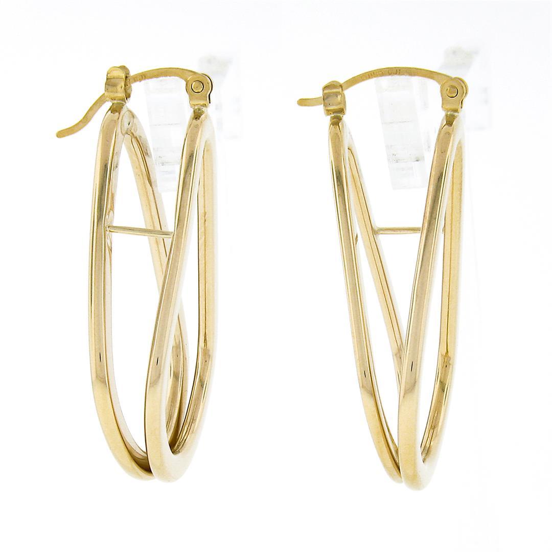 14K Yellow Gold Polished Freeform Off Center 3D Open Tube Hoop Drop Earrings