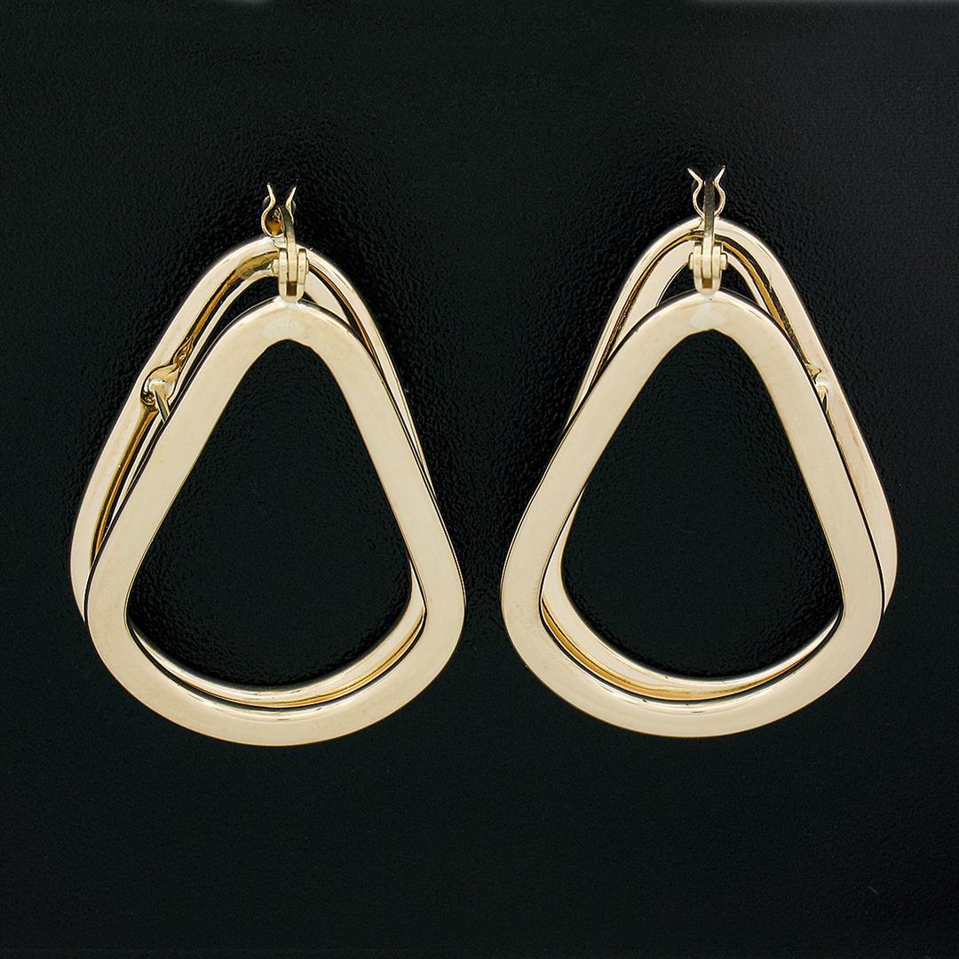 14K Yellow Gold Polished Freeform Off Center 3D Open Tube Hoop Drop Earrings