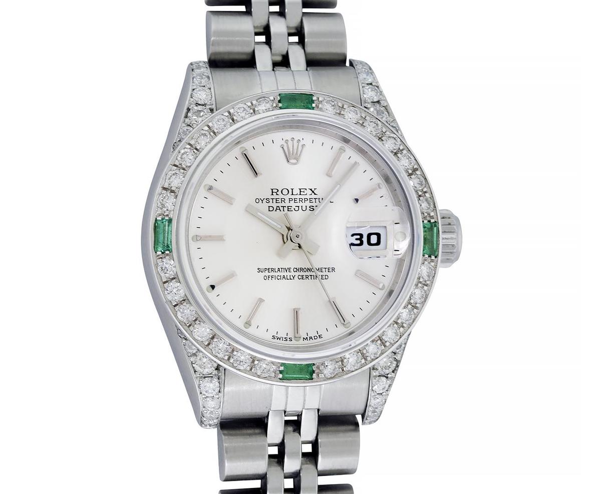 Rolex Ladies Quickset Stainless Steel Silver Index 18K White Gold Diamond & Emer