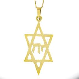 14K Gold Reversible Large Dual Finish Star of David Chai Center Pendant Necklace