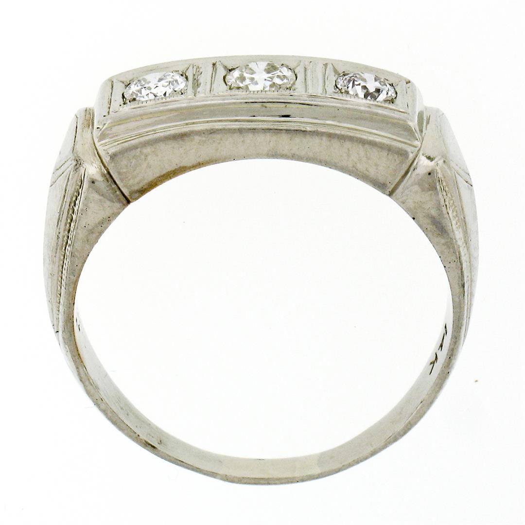 Men's Antique Art Deco 14K White Gold 0.75 ctw European Diamond 3 Stone Band Rin