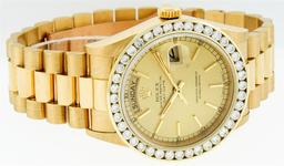 Rolex Mens Quickset 18K Yellow Gold Champagne Index 3 Carat Diamond Bezel Presid