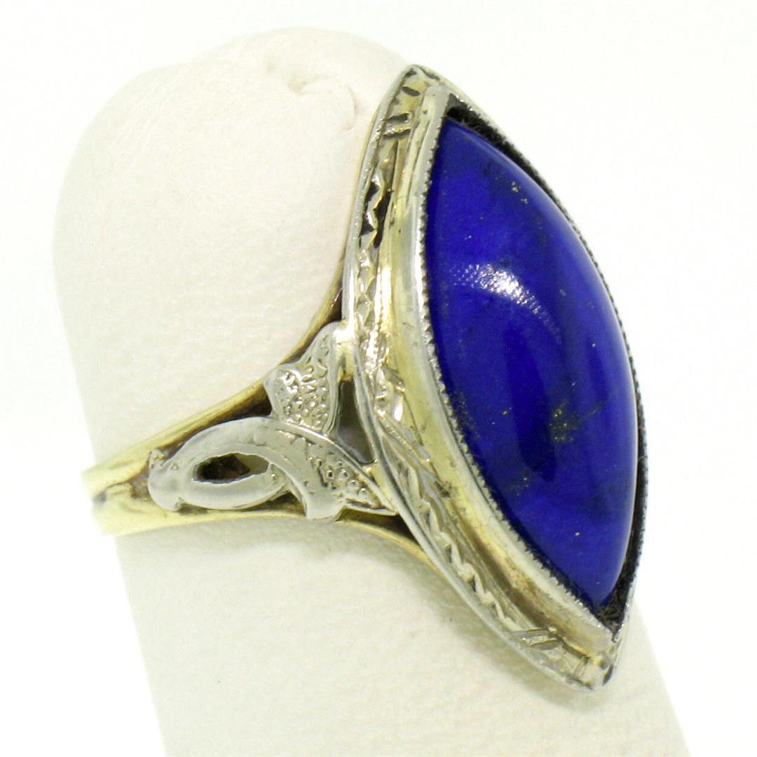 Antique Art Deco 10k White Yellow Gold Bezel Marquise Cabochon Lapis Lazuli Ring