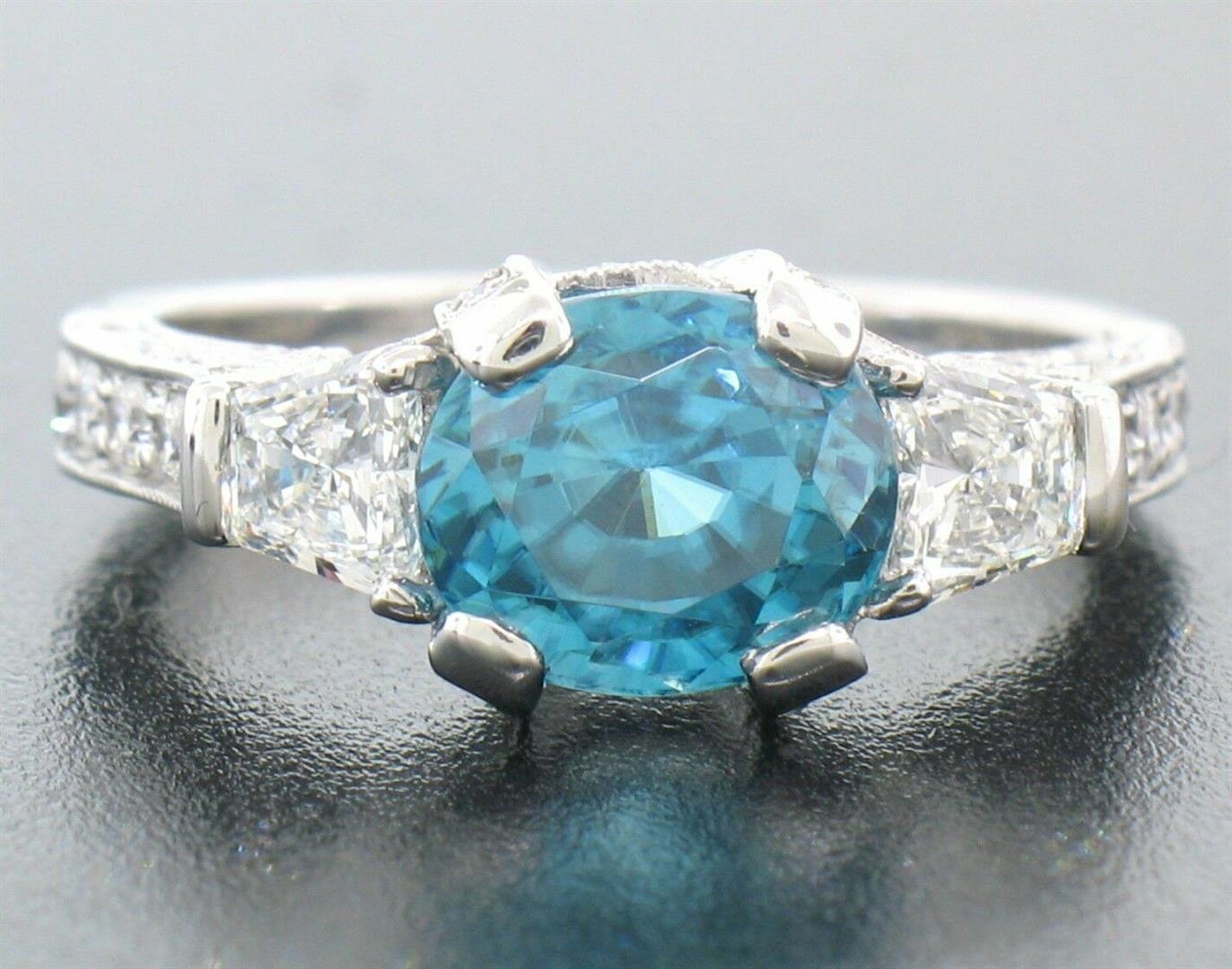 NEW 18k White Gold 3.91 ctw Oval Brilliant Blue Zircon Diamond Accents Ring Sz 6