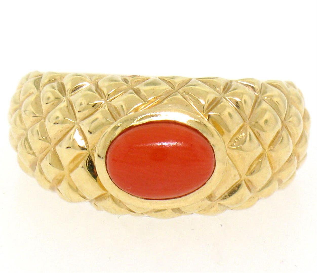 14k Yellow Gold NICE Oval Cabochon Bezel Set Coral Domed Quilted Texture Ring