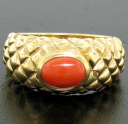 14k Yellow Gold NICE Oval Cabochon Bezel Set Coral Domed Quilted Texture Ring