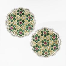 Estate 18k Gold Emerald Ruby Diamond Daisy Flower Large Colorful Button Earrings