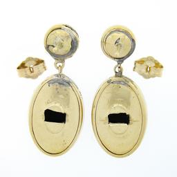 Antique 14k Gold & Platinum Round & Oval Black Onyx Wheat Work Dangle Earrings