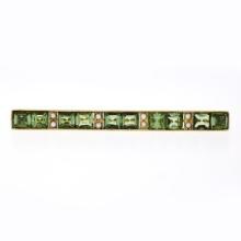 Antique Victorian 14K Yellow Gold Green Tourmaline Pearl Milgrain Bar Brooch Pin