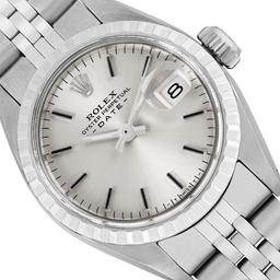 Rolex Ladies Stainless Steel Silver Index Dial Engine Turn Bezel Date Watch With