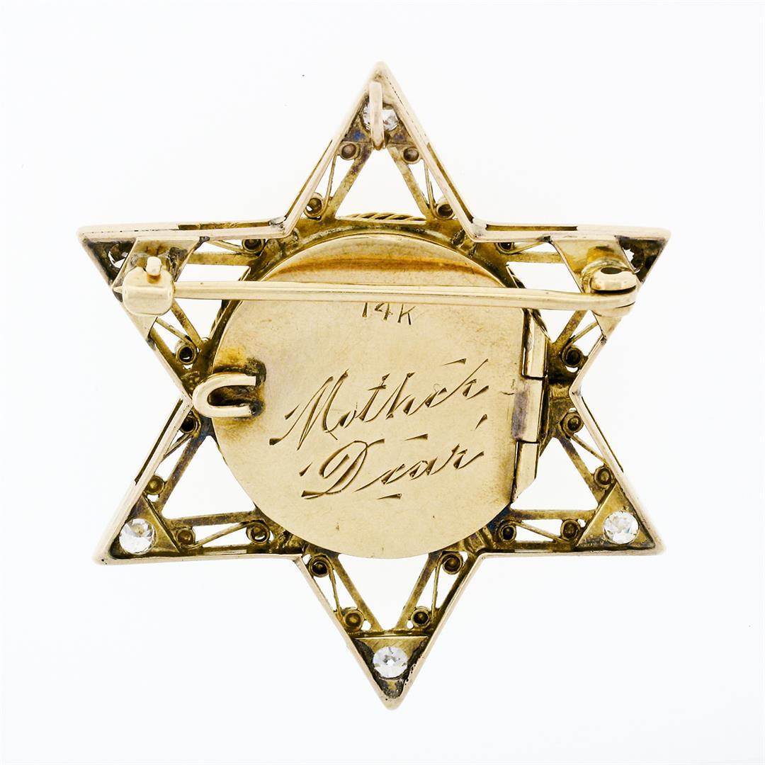 Antique 14k Gold .50 ctw European Diamond Star of David Pin Brooch Locket Pendan