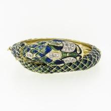 Vintage 18k Gold 0.75 ctw Diamond Green & Blue Enamel Snake Dragon Bangle Bracel