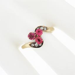 Antique Victorian 14k Gold GIA NO HEAT Pink Spinel Cluster & Diamond Bypass Ring