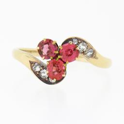 Antique Victorian 14k Gold GIA NO HEAT Pink Spinel Cluster & Diamond Bypass Ring