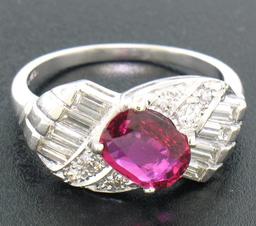 Antique Art Deco Platinum AGL Certified Oval Cut BLOOD RED Ruby & Diamond Ring