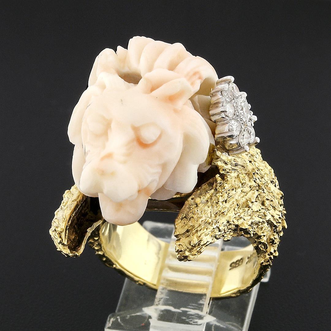 Vintage 14k Gold LARGE Hand Carved Lion's Head Soft Pink Angel Skin Coral Ring