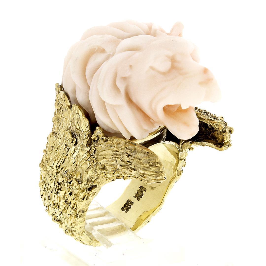 Vintage 14k Gold LARGE Hand Carved Lion's Head Soft Pink Angel Skin Coral Ring