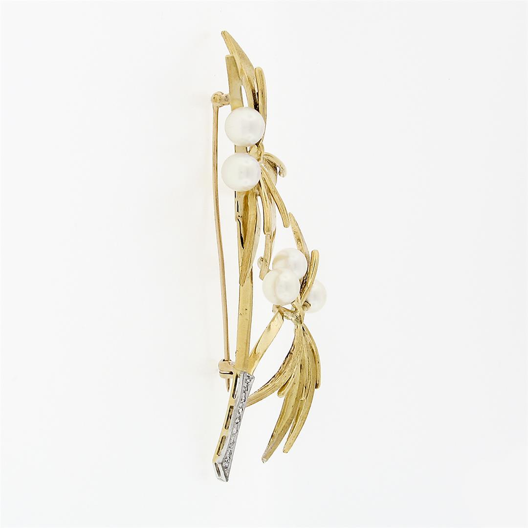 Antique 18K Yellow Gold Pearl Diamond Florentine Finish Large Flower Brooch Pin