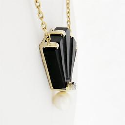 14k Yellow Gold Fan Shape Carved Black Onyx Diamond Pearl Pendant On Cable Chain