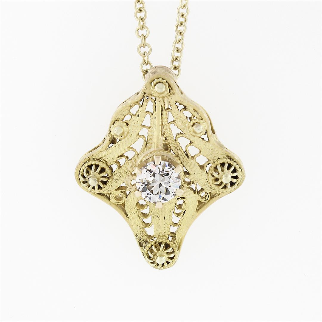 Antique Art Deco 14K Yellow Gold Diamond Open Filigree Milgrain Pendant Necklace