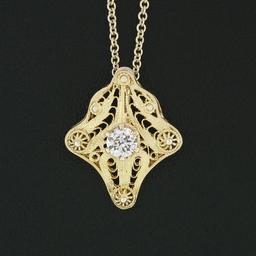 Antique Art Deco 14K Yellow Gold Diamond Open Filigree Milgrain Pendant Necklace