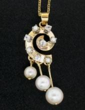 Vintage 14K Yellow Gold Round Pearl & .20 ctw Diamond Spiral 16" Pendant Necklac