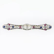 Antique Victorian 14k Gold & Platinum GIA Old Sapphire Ruby Diamond Long Bar Pin