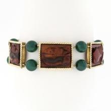 Lucien Piccard 14K Gold Carved Tigers Eye Trojan Green Chalcedony Beads Bracelet