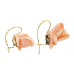 Vintage 14k Yellow Gold Carved Pink Angel Skin Coral Rose Flower Drop Earrings