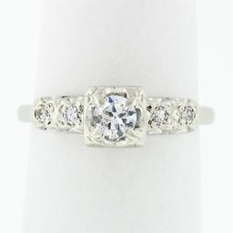 Vintage 14k White Gold 0.37 ctw Round Diamond Solitaire & Accents Engagement Rin