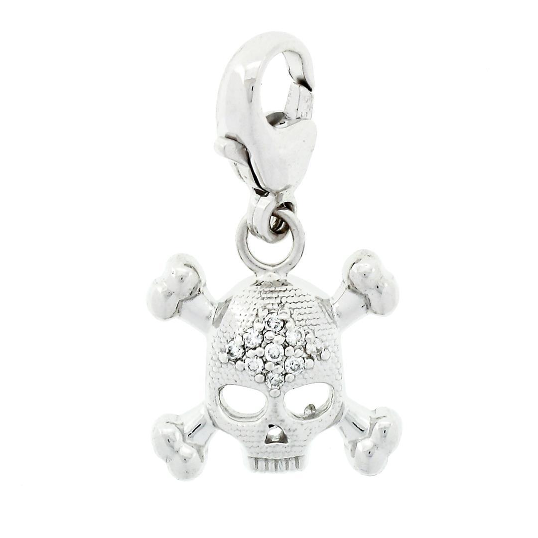 14k White Gold 0.12 ctw Diamond Skull & Crossbones Charm Pendant w/ Lobster Clas