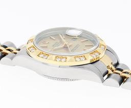 Rolex Ladies Quickset 2T 18K & Steel Champagne Index Dial Diamond Pyramid Bezel